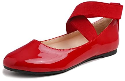 Feversole Women's Stretchy Elastic Ankle Straps Ballet Flats Shoes Red Patent Vegan Leather Size 5 UK