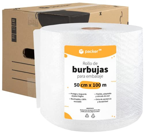 packer PRO Pack 10 Cajas Carton para Mudanzas y Almacenaje con Asas 43x30x25cm y Rollo Burbuja Embalaje de 50cm Ancho y 100m