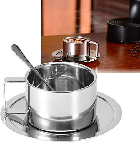 Alvinlite Coffee Cup Set Stainless Steel Double Wall Coffee Mug with Saucer Cup Spoon Handle Silver Coffee