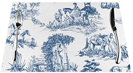 Gewebte Platzsets 1–6 Sets Toile De Jouy Pferde waschbare PVC-Tischsets für Esstisch, geeignet für Küchentischmatten, 30 x 45 cm, 4 Stück