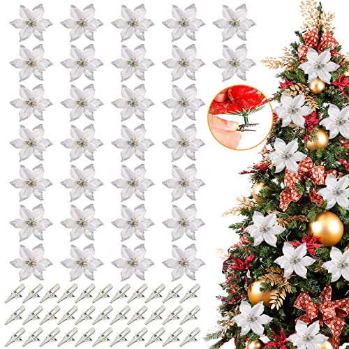 30 Stück Glitzer Künstliche Weihnachtsblumen, Weihnachtsstern Christbaumschmuck, Weihnachten Blumen Deko mit 30 Stück Clips für Weihnachtsbaum (Silber)