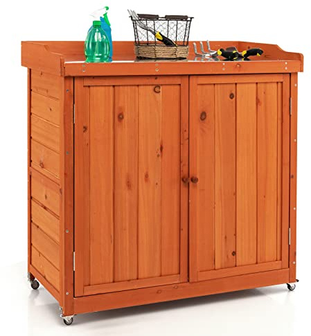 COSTWAY Armoire de Jardin en Bois Extérieur 2 en 1, Table de Jardinage avec Porte, Etagère Amovible et 4 Roues Universelles Plateau en Acier Galvanisé pour Cour, Jardin