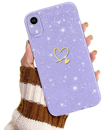 Newseego Coque à Paillettes Compatible avec iPhone XR - Motif Cœur Mignon pour Femme Fille, Étui de Protection Antichoc en Silicone Souple Brillant (6,1 Pouces) - Violet