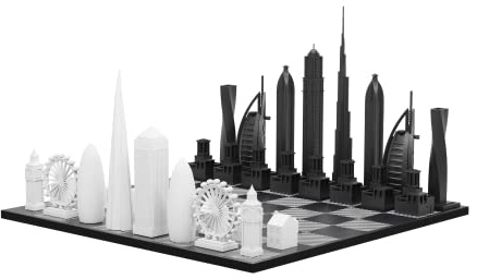 Skyline Chess - Acryl London Vs Dubai Edition - mit S/W Hatchboard, 38 x 38 x 23 cm
