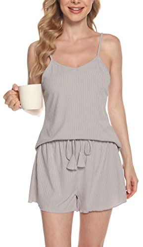 Vlazom Ladies Pyjamas Set, Soft 2 Piece Short Pjs Sweetness Cami Sets Summer Lounge Set for Women Adjustable Straps Top and Shorts Grey, XL