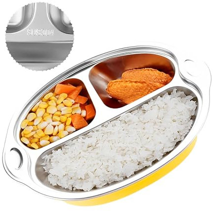 Guador Assiette Ventouse Pour Bébé Vaisselle Bébé Acier Inoxydable Enfants Vaisselles Assiette à Ventouse Assiette Bebe avec 3 Compartiments Baby Bols à Ventouse Ultra Puissante Enfants Vaisselles