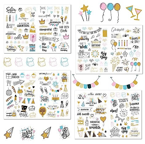 Sticker Geburtstag Wasserfeste,Cartoon Aufkleber für Geburtstag,Schöne Scrapbook Stickers Geburtstagsaufkleber für Fotoalbum, Gästebuch, Geburtstagskarten & Geschenke,Set mit 225 Motiven auf 4 Bögen