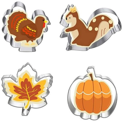 Set di 4 formine per biscotti a forma di Natale, in acciaio inox, per biscotti a forma di zucca, tacchino, foglia d'acero, scoiattolo