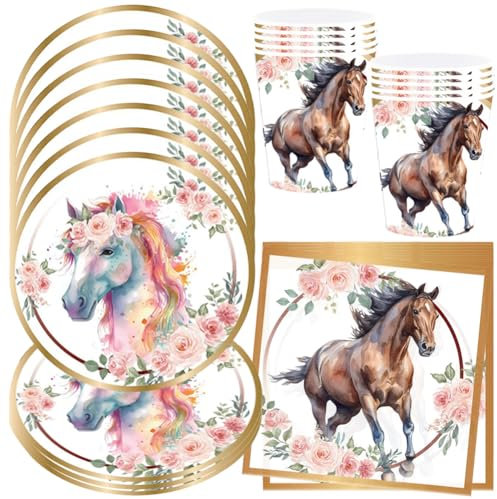 HGSHUO Vaisselle Chevaux Anniversaire Décorations Cheval Party Vaisselle de Fête d'anniversaire Assiettes Gobelets Serviettes Or Vaisselle Animaux Baby Shower 10 Invités