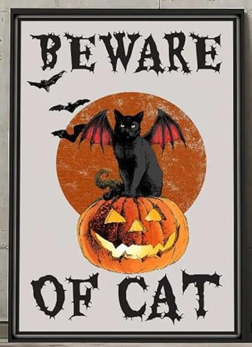 Cartel De Chapa Tenga Cuidado Con El Cartel Del Gato Arte De La Bruja Negra Del Gato Carteles De Pared De Metal Decoración Letrero De Estaño Retro Anuncio Retro Para Bar Cafetería S