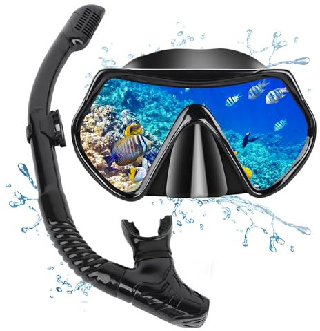 Adult Snorkeling Gear Snorkel Set with Dry Top System 180 Degree Panoramic Snorkel Mask,Snorkel Mask Set Leak-proof (Black)