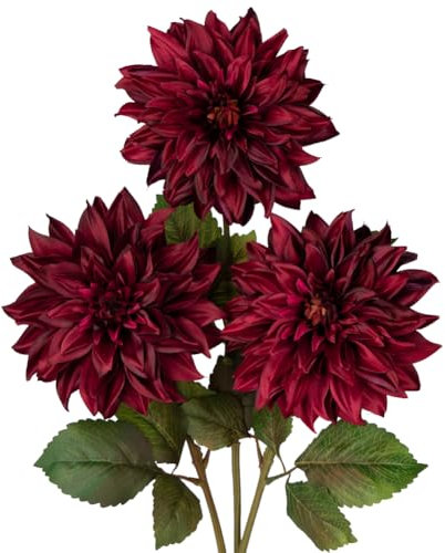 Hollyone 3 Stück Künstliche Dahlie Blumen Dunkelrot, 70cm Kunstblume Seidenblumen mit Langem Stiel für Blumenarrangements, Faux Herbst Blumen für DIY Hochzeit Party Deko Home Office Dekoration