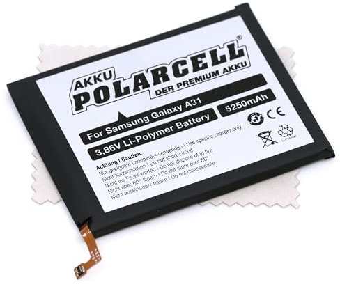 Ersatz Akku passend für Samsung Galaxy A31, Galaxy A32 4G, Galaxy A22 (Ersetzt Originalakku EB-BA315ABY) 5250mAh Polarcell mit mungoo Displayputztuch