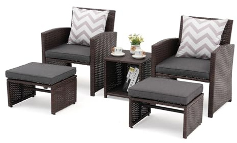 OC Orange-Casual 5-TLG Garten Unterhaltung Set, Balkon Möbel Set mit Kissen, brauner Rattan-Sessel mit Hocker&Couchtisch, für Garten, Hinterhof und Veranda(Braun Rattan&Dunkelgrau Kissen)