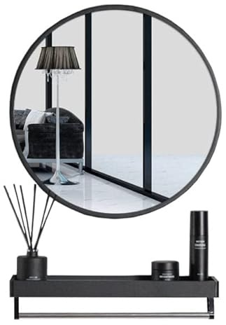 NMK HOME Runder Wandspiegel, Regal, Handtuchhalter, Schwarz, 70 cm | Glas, dekorativer Loftstil, Badezimmer, Flur, schwarze Metallrahmen, einfache Montage