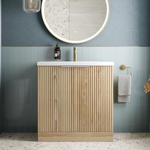 BAYSTONE® Fluted 800mm Bathroom Vanity Unit Ceramic Wash Sink, Cloakroom Storage Furniture Under Basin Cabinet Floorstanding Cupboard, Wood