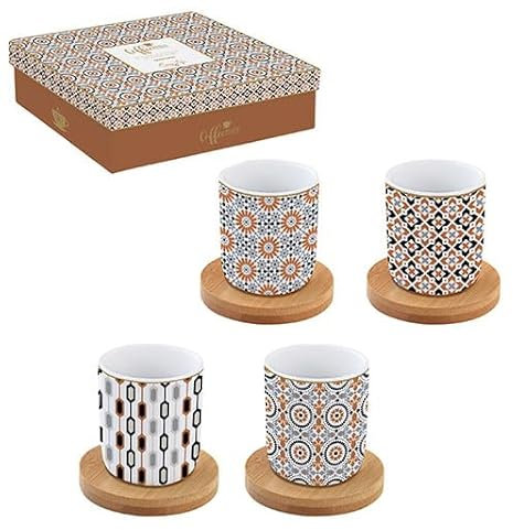 Easy Life Set mit 4 Kaffeetassen 11 cl aus Porzellan mit Untertasse aus Bambus Coffee Mania New
