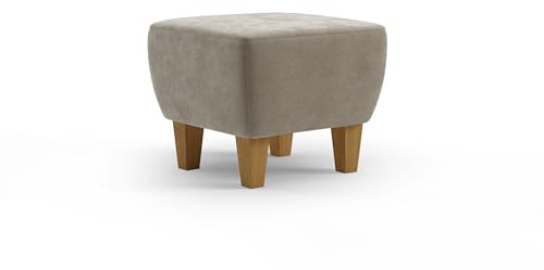 Cavadore Hocker Vida / Polsterhocker mit massiven Holzfüßen in Eiche / 52 x 46 x 52 / Mikrofaser, Perlbeige