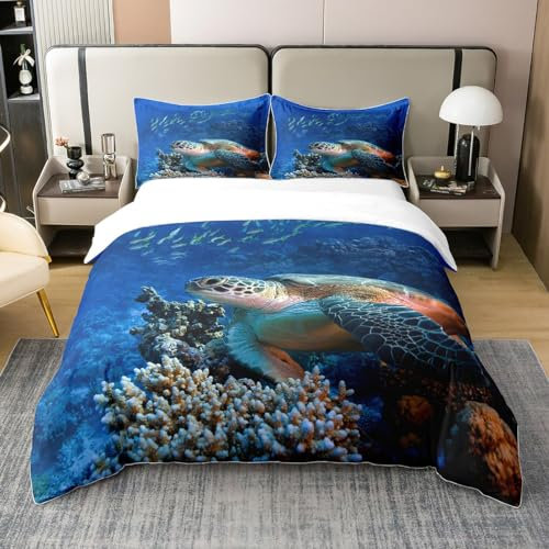 Loussiesd Schildkröte Bettbezug Set Meeresschildkröte Drucken Betten SetMarine Ozean Thema Bettwäsche Set 135x200cm 100% Baumwolle Meerestier Illustration Bettwäsche Raumdekor 2St