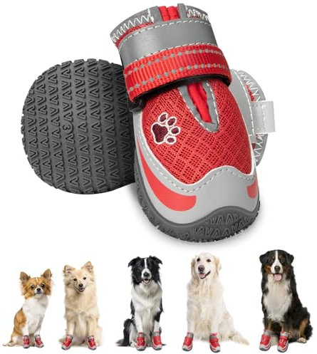Eyein 2 Stück Hundeschuhe, Masche Atmungsaktiv Hundeschuhe Pfotenschutz mit Rutschfester Sohle für heiße Sommerböden, Reflektierende Hundeschuhe für nächtliche Spaziergänge im Freien, Rot, Größe 7