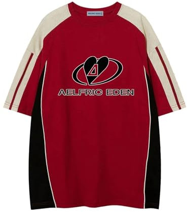 Aelfric Eden Herren Tshirt Oversized Damen Sommer Shirt Unisex Vintage Fußball Trikot Rundhals Kurzarm Raglan Jersey Basic T-Shirts mit Stripes Casual Oberteile Streetwear Rot, M