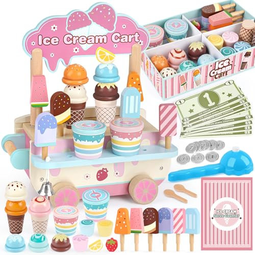 Dreamon Heladeria Juguete - Juguetes Montessori Niños 3 4 Años - Comida de Juguete Madera - Juegos Infantiles Juguetes Niñas 3 4 años - Comida Juguete Cocinita (Carrito de Helados)