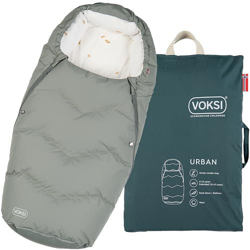 Voksi Urban 2025 Kinderwagen-Fußsack, natürliche Wolle und Daunen, hervorragend gepolstert und hohe Isolierung, ausziehbar, Produkt aus Norwegen (Wiesengrün)