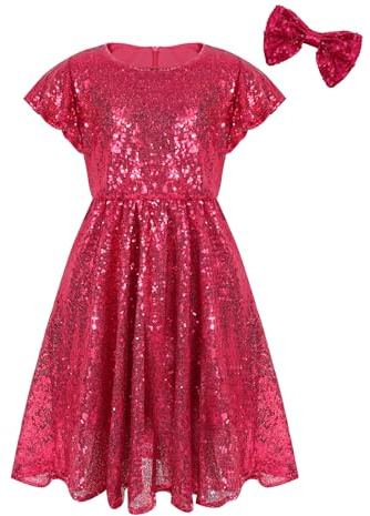 EXARUS Glitzernde Mädchenkleider mit Rüschenärmeln, Glitzer-Pailletten, Rundhalsausschnitt, A-Linie/figurbetont/Tunika-Kleid für Mädchen, 6–14 Jahre