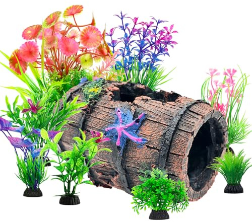 CousDUoBe Fish Broken Barrel Decor Fish Tank Decorations Betta Fish Tank Accessories,Starfish Barrel x 1pc, Aquarium Plants x 8pcs