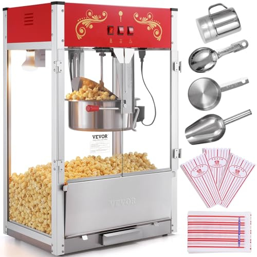 VEVOR Machine à Pop Corn 1615 W, Appareil à Pop-corn de Comptoir Électrique, Grand Bol de 454 g, avec Verre Trempé, 3 Cuillères en Acier Inoxydable, Style Cinéma, pour Fête Magasin Soirée, Rouge