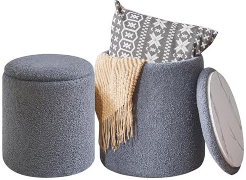 IBUYKE Eitelkeit Hocker für Make-up, Satz von 2-runden Ottoman mit Lagerung, moderner gepolsterter Sitz Couchtisch, Multifunktionsfußstütze Hocker für Wohnzimmer, Granular Pile Fabric Grau WBD015G