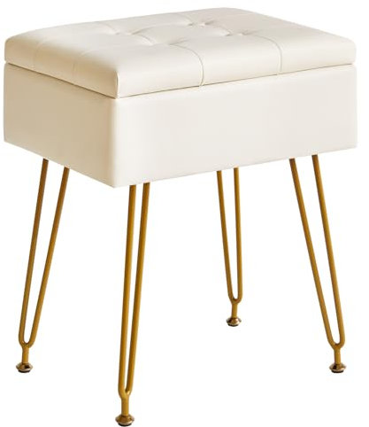IBUYKE Multifunktionaler Speicher Eitelkeitshocker mit Flip Tabletop, verstellbare Metallbeine-PU Leder bis 40x30x48cm Ottoman Fußstütze für Make-up, Wohnzimmer, Eingang Weiß WBD014W