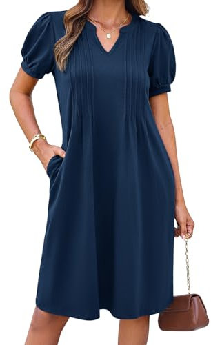 GRACE KARIN Sommerkleider Einfarbige V-Ausschnitt Kurzarm Kleid Damen Elegant Festlich Midikleid mit Taschen Marineblau XXL