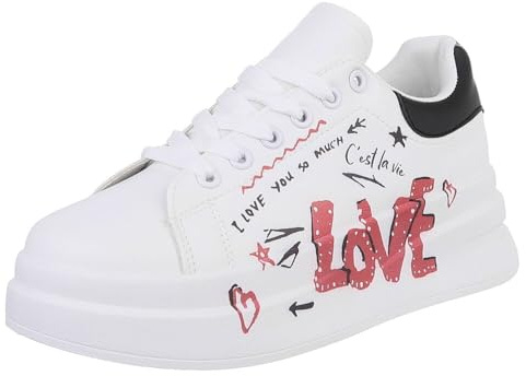 Ital Design Damenschuhe Freizeitschuhe Sneakers Low, YH45-, Kunstleder, Weiß Schwarz, Gr. 36
