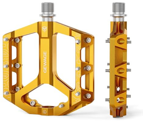 GEWAGE MTB Pedale Fahrradpedale Set – Flat Pedale für Mountainbike & Gravel Bike, rutschfest & langlebig, Aluminiumlegierung, CNC-gefräst, 9/16 Achse, einfache Installation (Gold)