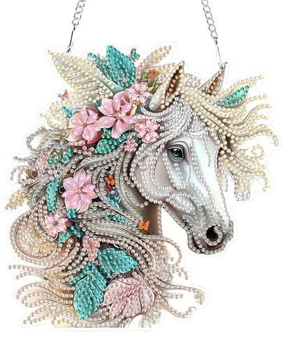 GHHKUD Diamond Painting Fensterbilder Beidseitige, Diamond Painting Pferd Blume Anhänger mit Kette, Diamant Painting Bilder Kristall Malerei Anhänger, Wandbehang Kits für Fenster Wand Decor