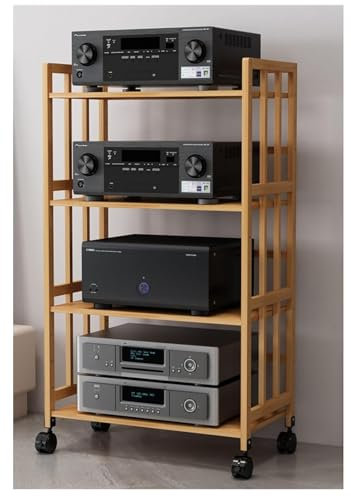 Wooden 4 Tier DVD Player Stand Shelf Audio Rack Tower with Movable Turntable Holder Floating Shelf Media Wall Unit for Living Room/Office Corner Shelves for TV Stereo Audio Equipment 123cm(H