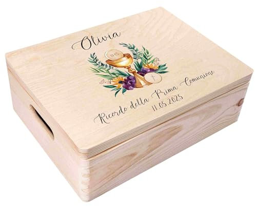 Creative Deco Prima Comunione Scatola di Regalo Personalizzato | Scatola della Memoria in Legno per Bambino/Bambina | Personalizzata - Calice e Grappoli d’Uva | Incisione | per Ragazzo e Ragazza