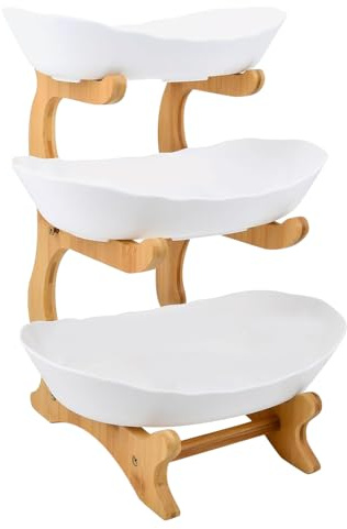 HUOLE Panier a Fruits 3 Etages,Corbeille de Fruits en Céramique, avec Support en Bois Résistant pour plan de travail de cuisine pour Fruits, Légumes, Pain, collations-14*22,5*32cm--Blanc