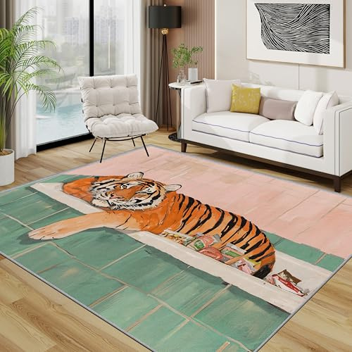 Generisch Tiger Teppich Wohnzimmer 200x300 cm,Lustig Wildtiere Teppiche Waschbar Für Schlafzimmer,Bunt Fliesen Waschbar rutschfest Weich Groß Esszimmer, Orange Rosa Grün