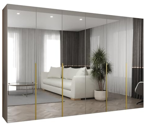 MEBLE KRYSPOL - Kleiderschrank mit Spiegel - Drehtürenschrank - Schrank 300 x 202 x 52 cm - Garderobenschrank Schlafzimmer, Flur, Jugendzimmer - Kaschmir, Griff Gold - Alicante 3
