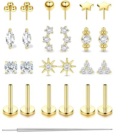 Roheafer Surgical Steel Tragus Piercing Jewellery 14K Gold Plated Threadless Flat Back Earrings Push in Nose Studs Conch Daith Piercing Jewellery 18G