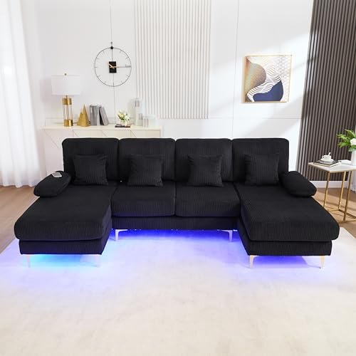 Soweiz Modernes U-Sofa mit LED Ambientebeleuchtung & der USB-C-Port Massivholzrahmen, 4 luxuriöse Kissen & ergonomische Rückenlehne, 265x135x88cm (Schwarz)