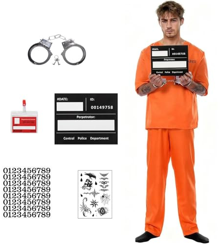 Effluvcy Prisoner Costume Men Orange Prison Jumpsuit Halloween Costumes for Adults Prisoner Overalls Fancy Dress Costume Convict Boiler Suit