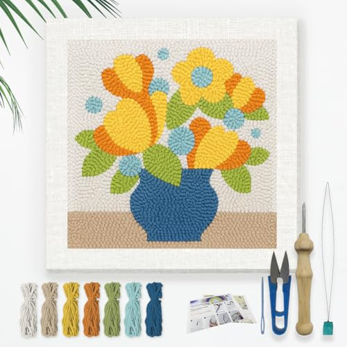 DOODLREAM Blumen In Vase DIY Punch Needle Stickset für Erwachsene und Anfänger 24cm Blumenstanzer Bastelset für Anfänger mit Rahmen Stoffmuster Einfädler Garn Lochnadel