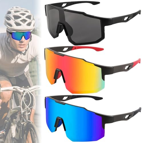 PIWOSGOL 3 Stück Sportbrille Sonnenbrille Herren Damen Fahrradbrille, UV400 Schutz, Radfahrer Brille Schnelle Brille Rave, Für Radfahren, Laufen, Angeln, Ski Golf Outdoor-Sport