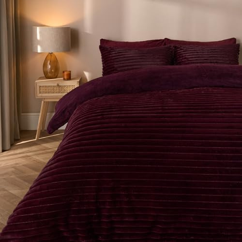 OHS Superking Duvet Set, Autumn Winter Plush Ribbed Faux Fur Duvet Cover Super Soft Cosy Warm Teddy Fleece Reversible Quilt Superking Bedding Set with Pillowcases, Burgundy