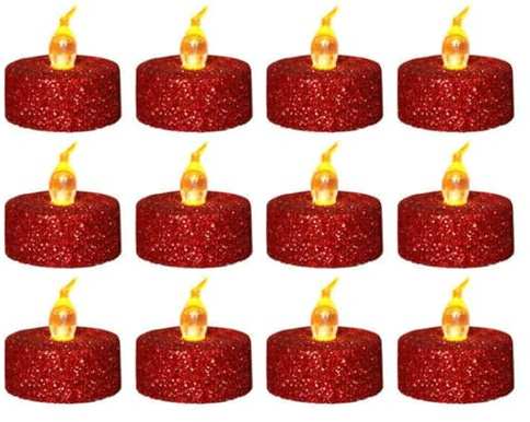 Freebily 12pcs Glitter LED Tea Lights Candles Battery Operated Flameless Flickering Tealight for Wedding Home Decor Red One Size