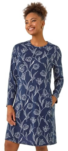 Roman Originals Women Long Sleeve Swing Dress - Ladies Autumn Winter Smart Casual Everyday Checkered Print Round Neck Stretch Comfortable Jersey Dresses - Navy Floral - Size 12