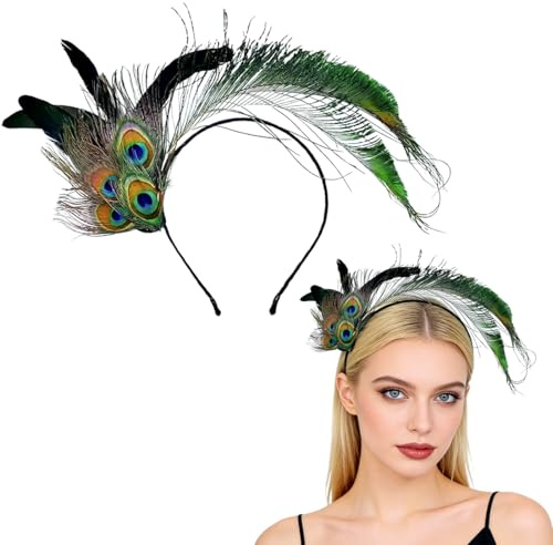 YIPFEN Barrette Cheveux Femme, Bandeau à plumes années 1920, Plume de paon, Barrette à cheveux Gatsby, Accessoire pour femme